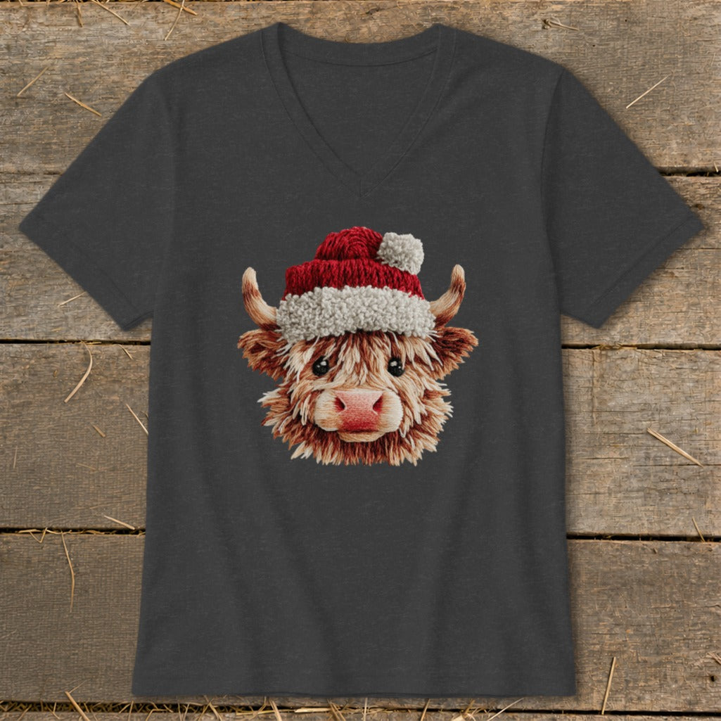 Dark grey v-neck t-shirt with a fluffy cow wearing a Santa hat.