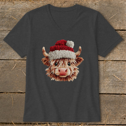Dark grey v-neck t-shirt with a fluffy cow wearing a Santa hat.