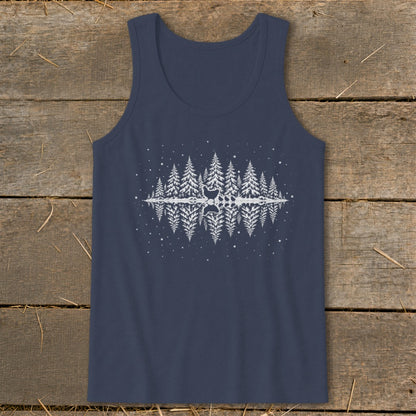 Navy tank top with reflection of snow-dusted pine trees and a deer.