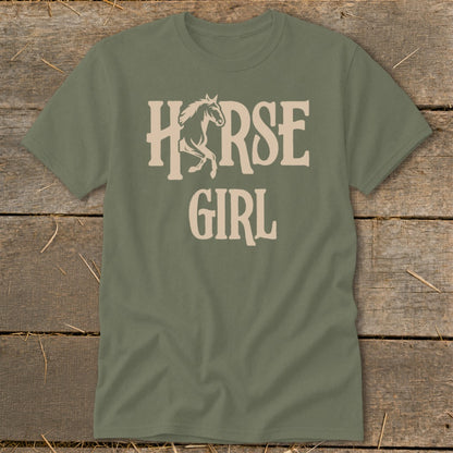 Green t-shirt with cream text and horse graphic reading "HORSE GIRL".