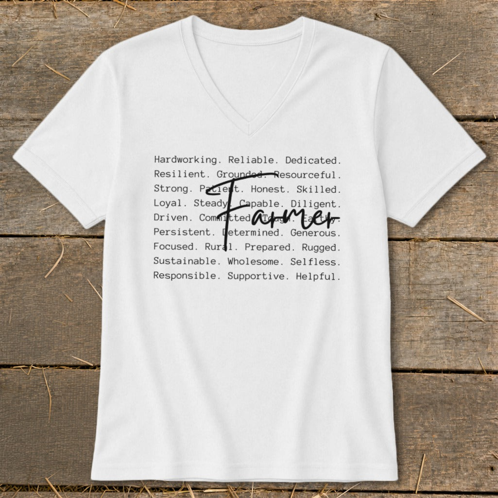 White t-shirt with "Farmer" in script over a list of positive attributes.