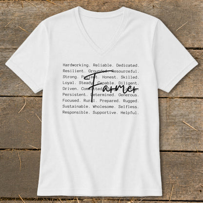 White t-shirt with "Farmer" in script over a list of positive attributes.