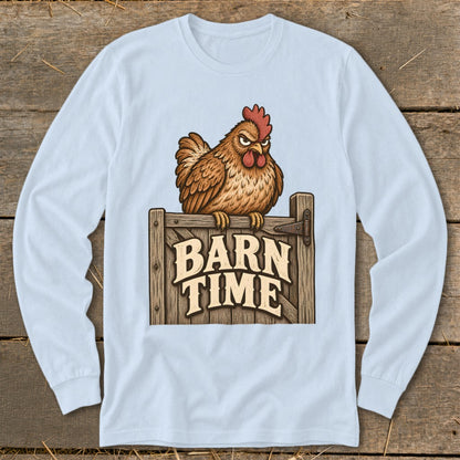 Brown chicken perched on a wooden fence with "BARN TIME" text.