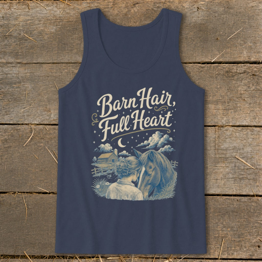 "Barn Hair, Full Heart" text above a girl and horse in a starry night scene.