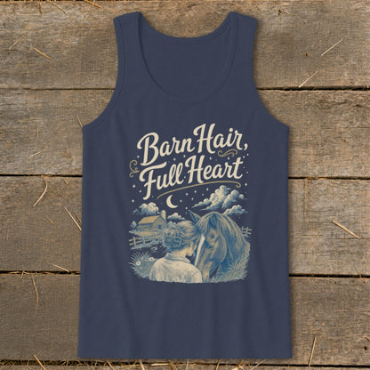 "Barn Hair, Full Heart" text above a girl and horse in a starry night scene.