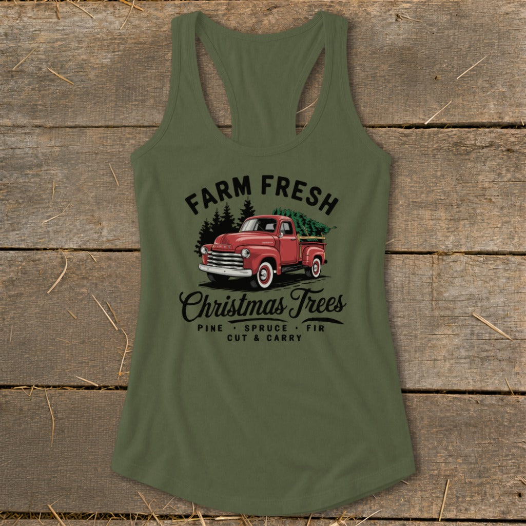 Green tank top with "Farm Fresh Christmas Trees" graphic and red truck.