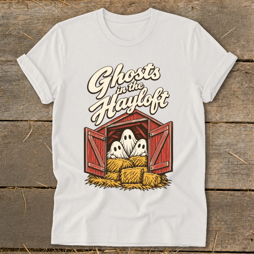 White t-shirt with "Ghosts in the Hayloft" text and three ghosts in a barn.