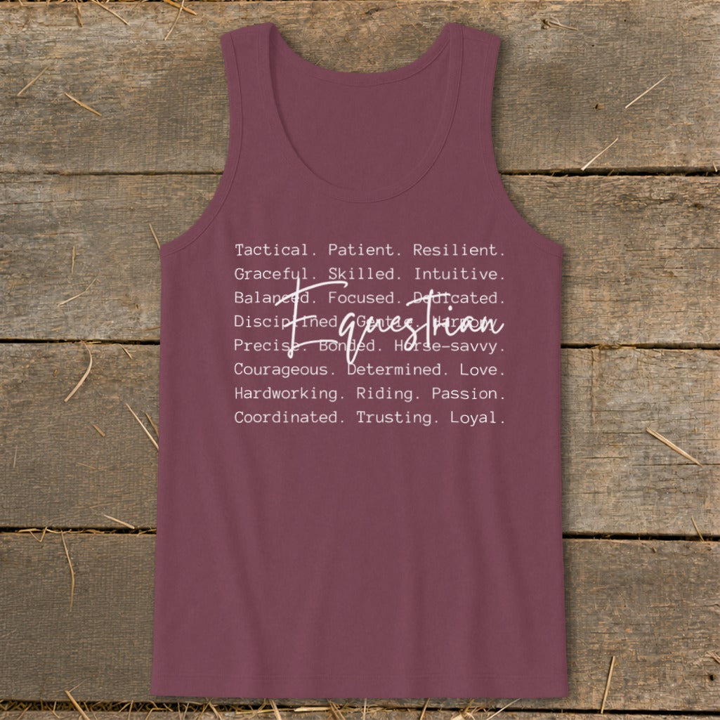 Burgundy tank top with a list of words describing equestrians and "Genes Equestrian."
