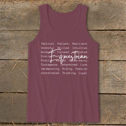 Burgundy tank top with a list of words describing equestrians and "Genes Equestrian."