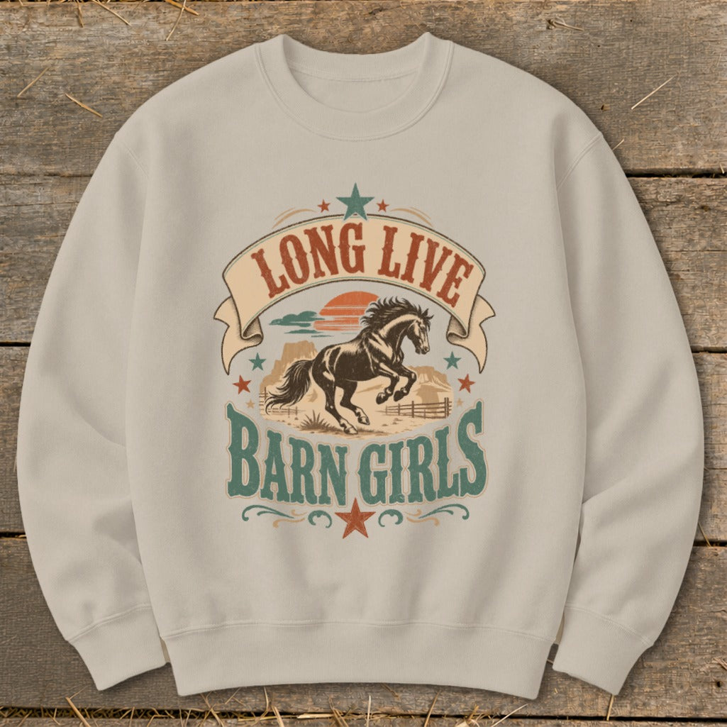 Crewneck sweatshirt with vintage horse graphic and text "Long Live Barn Girls."