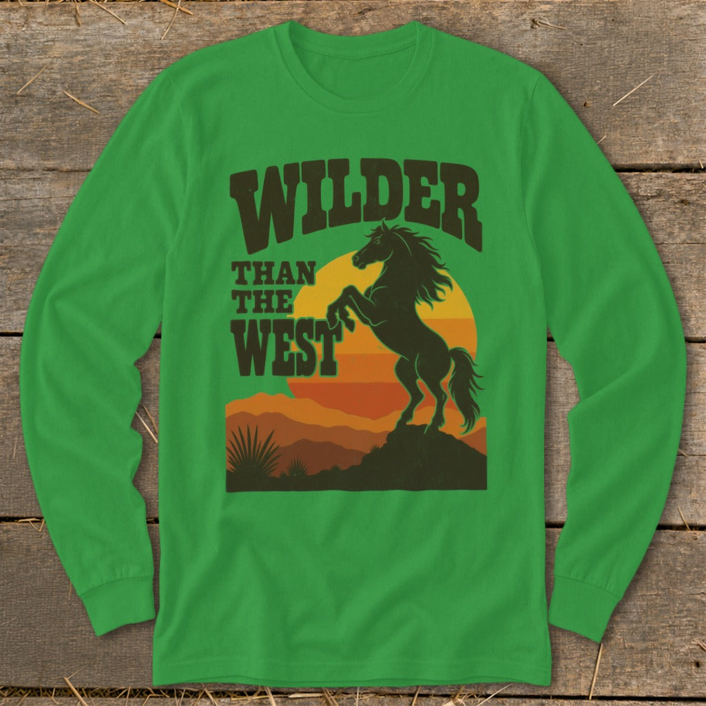 Green long-sleeve shirt with graphic "Wilder Than The West" and rearing horse.