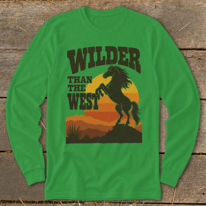 Green long-sleeve shirt with graphic "Wilder Than The West" and rearing horse.