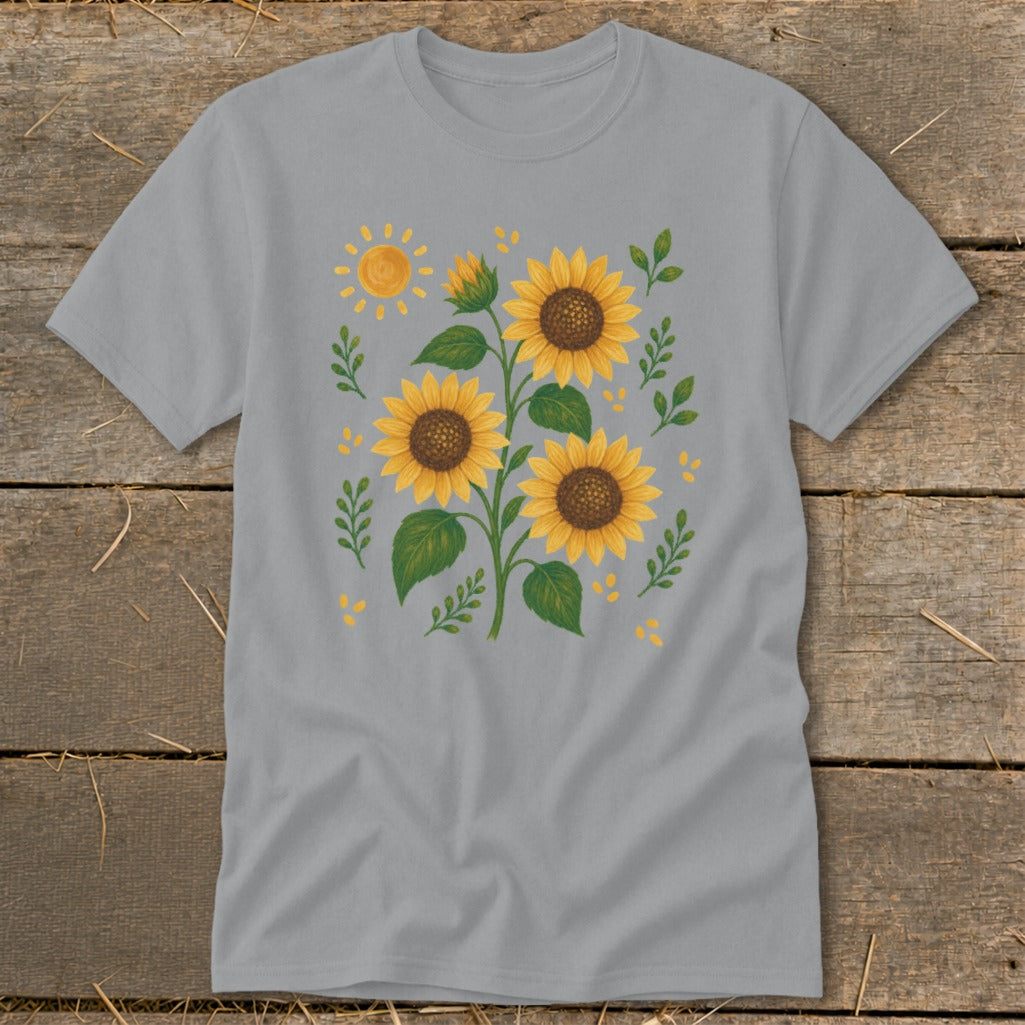 Grey t-shirt with a watercolor-style sunflower and sun graphic design.