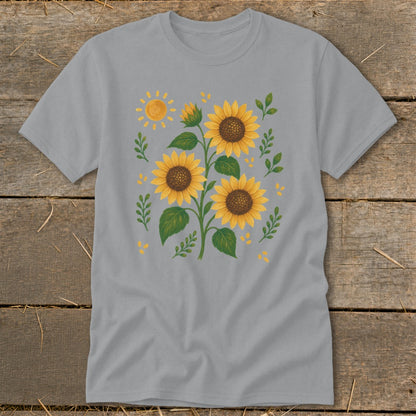 Grey t-shirt with a watercolor-style sunflower and sun graphic design.