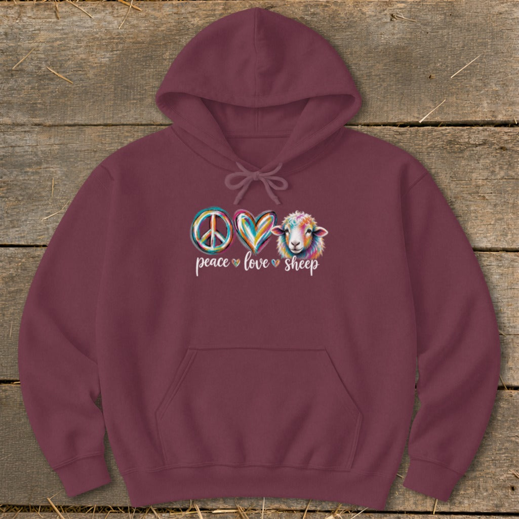 Maroon hoodie with watercolor peace sign, heart, and sheep graphic.