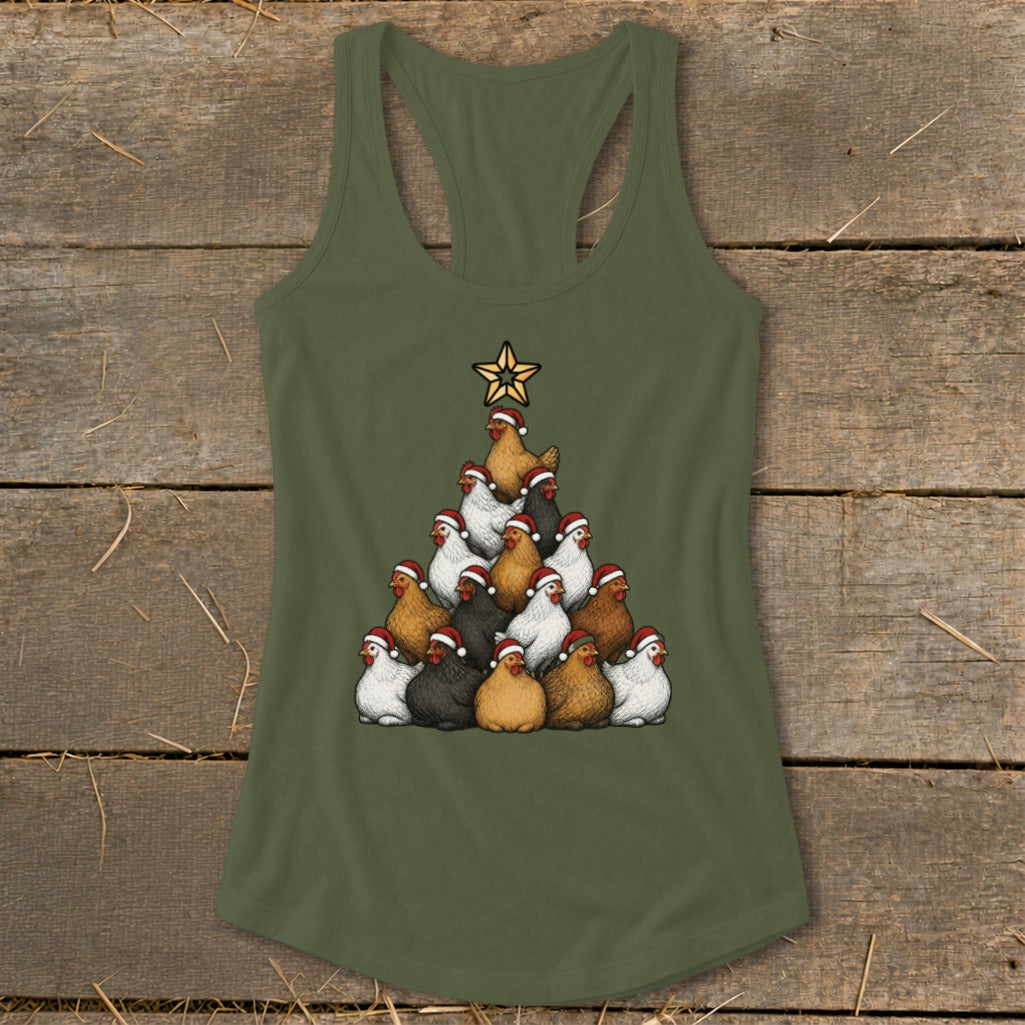 Green tank top with a Christmas tree made of chickens wearing Santa hats.