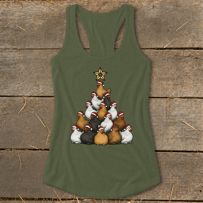 Green tank top with a Christmas tree made of chickens wearing Santa hats.