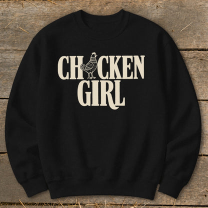 Black sweatshirt with "CHICKEN GIRL" text and a chicken graphic.