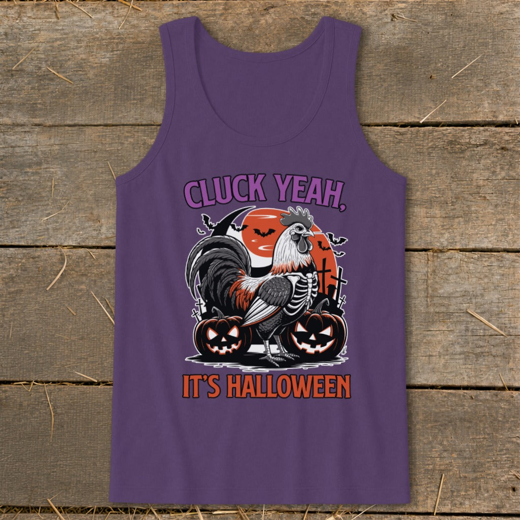 Rooster with skeleton ribs, pumpkins, and bats for Halloween, text "CLUCK YEAH, IT'S HALLOWEEN".