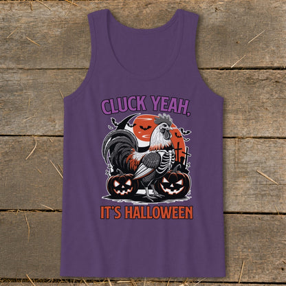 Rooster with skeleton ribs, pumpkins, and bats for Halloween, text "CLUCK YEAH, IT'S HALLOWEEN".