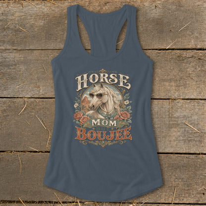 Racerback tank top with a graphic that reads "Horse Mom But Boujee".