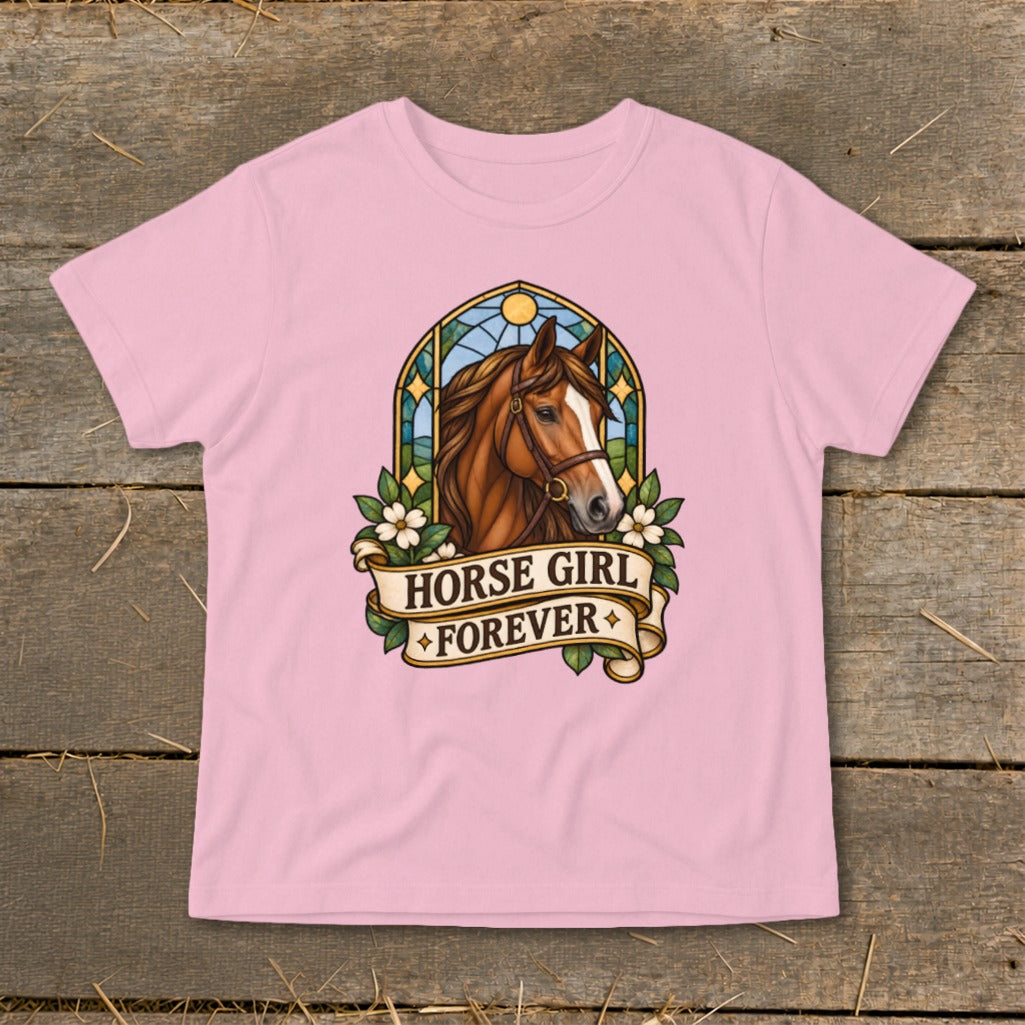 Pink t-shirt with horse head in stained glass style and "Horse Girl Forever" banner.