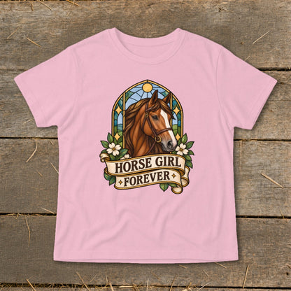 Pink t-shirt with horse head in stained glass style and "Horse Girl Forever" banner.