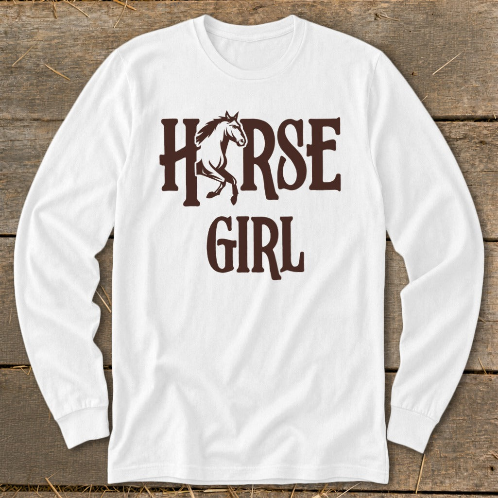 White long-sleeve shirt with brown text and horse graphic saying "HORSE GIRL."