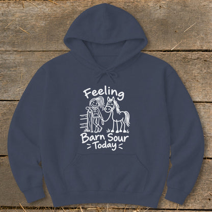 Navy hoodie with white line drawing of girl and horse, text "Feeling Barn Sour Today".