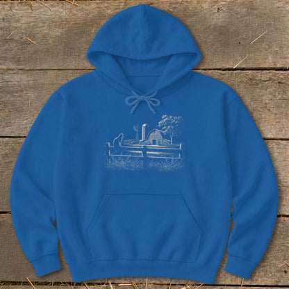 Blue hoodie with a white line art graphic of a farm scene.