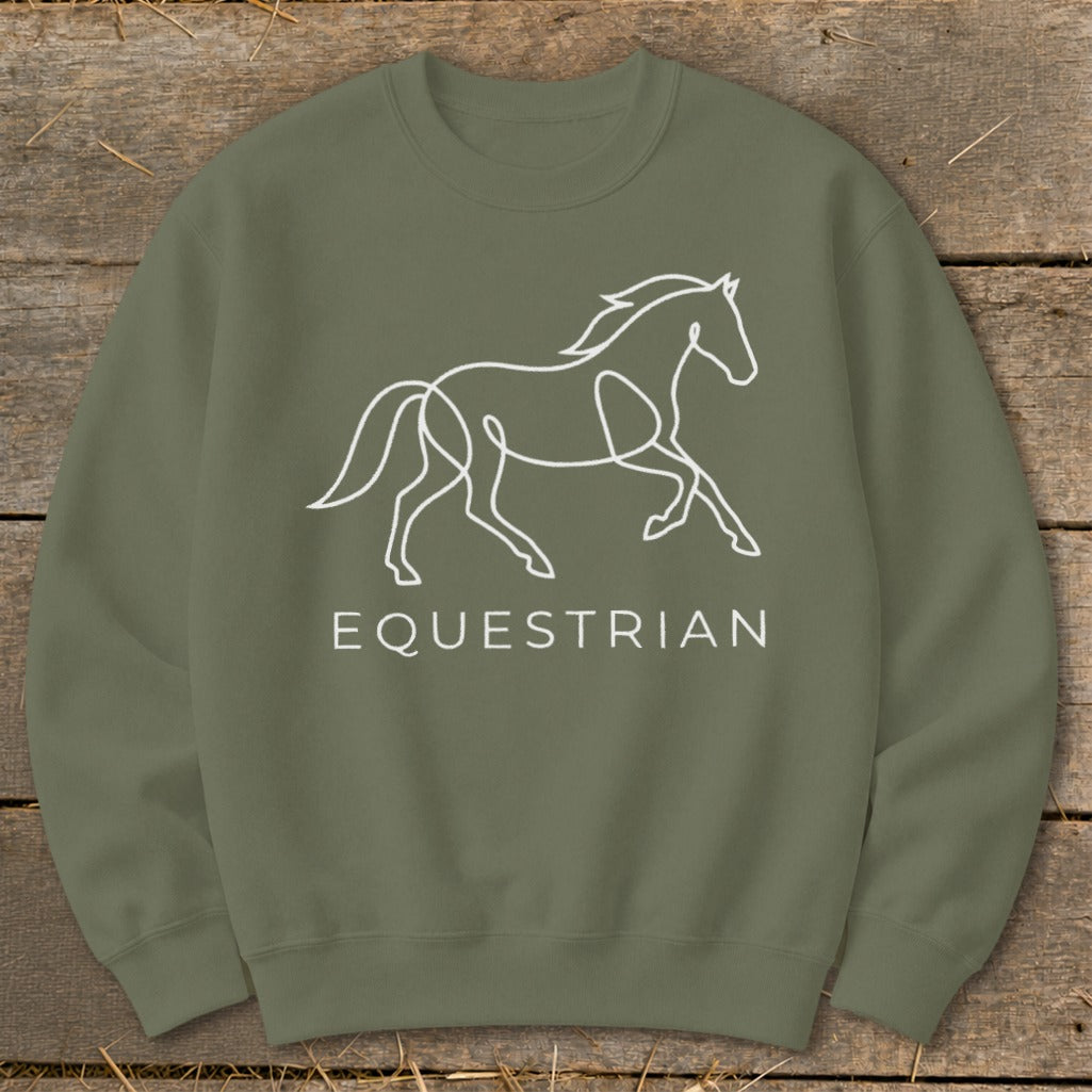 Olive green sweatshirt with white line art horse and text "EQUESTRIAN".