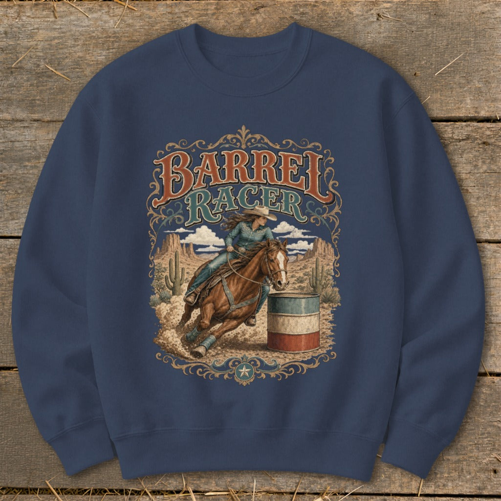 Barrel racer on horseback rounding a barrel with desert background.