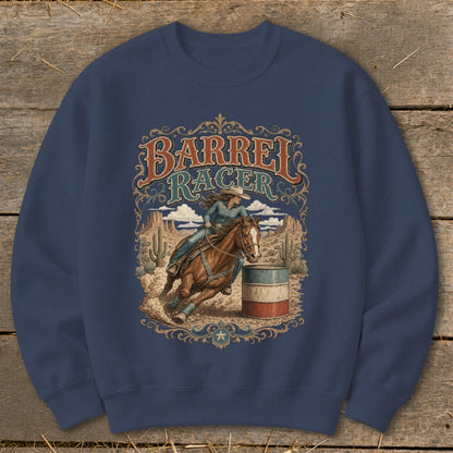 Barrel racer on horseback rounding a barrel with desert background.