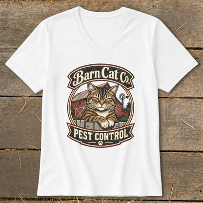 A white V-neck t-shirt featuring a vintage logo of a cat behind a fence with the text Barn Cat Co Pest Control.