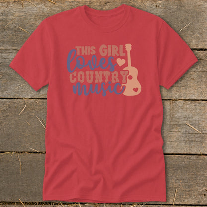 Red t-shirt with "This Girl Loves Country Music" text and guitar graphic.