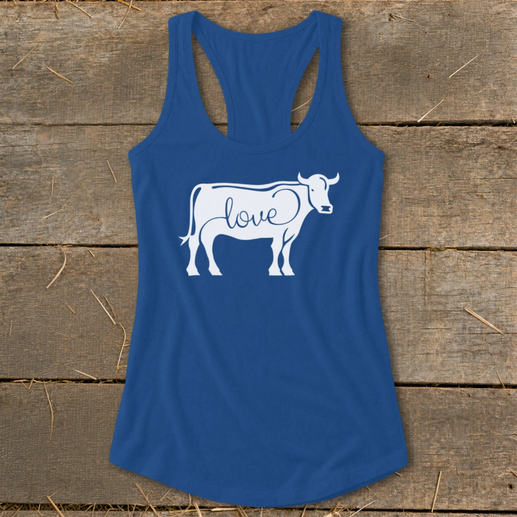 Blue tank top with a white cow outline and the word "love" inside.