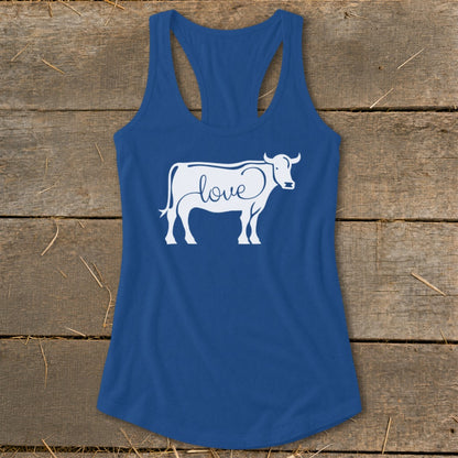 Blue tank top with a white cow outline and the word "love" inside.