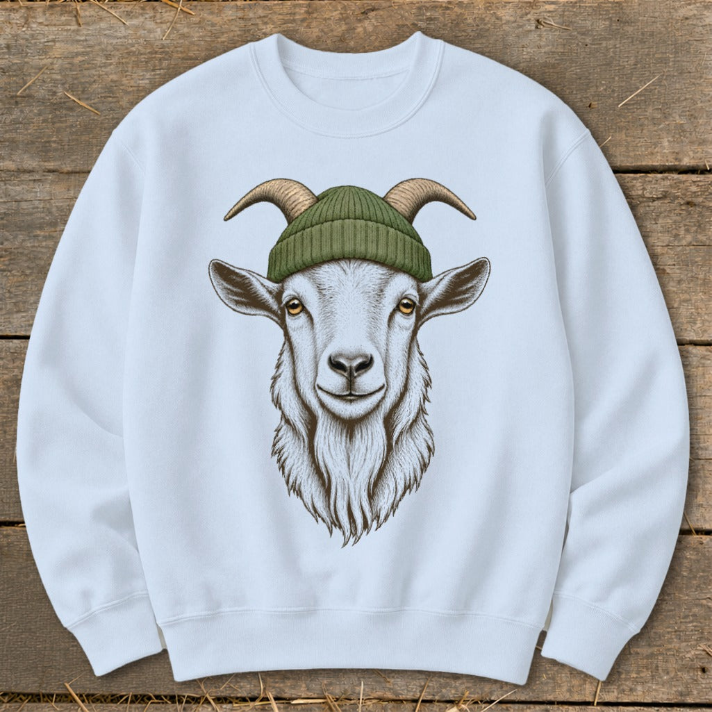 White sweatshirt with a detailed illustration of a goat wearing a green beanie.