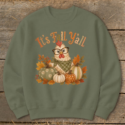 Chicken with glasses and pumpkins with text "It's Fall Y'all" graphic.