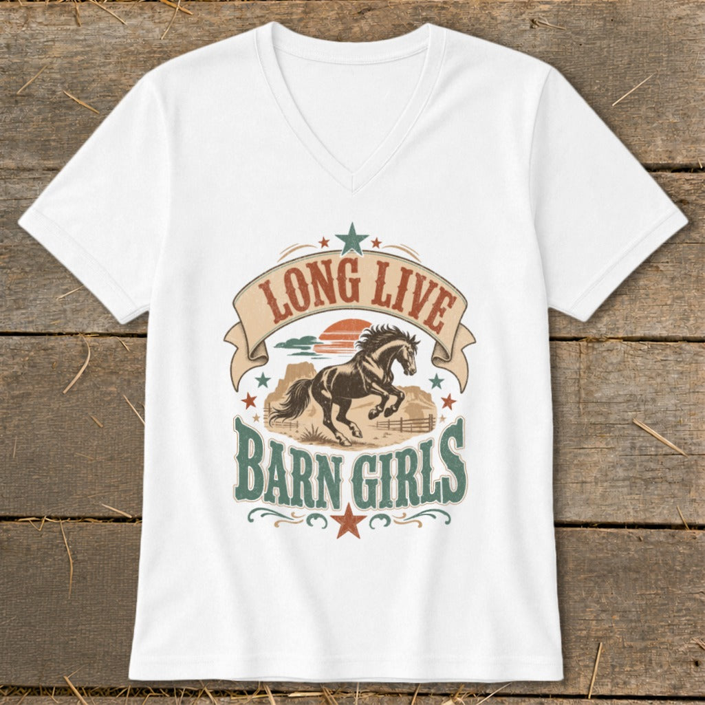 White v-neck t-shirt with "Long Live Barn Girls" text and running horse graphic.