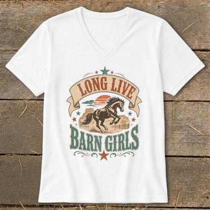 White v-neck t-shirt with "Long Live Barn Girls" text and running horse graphic.