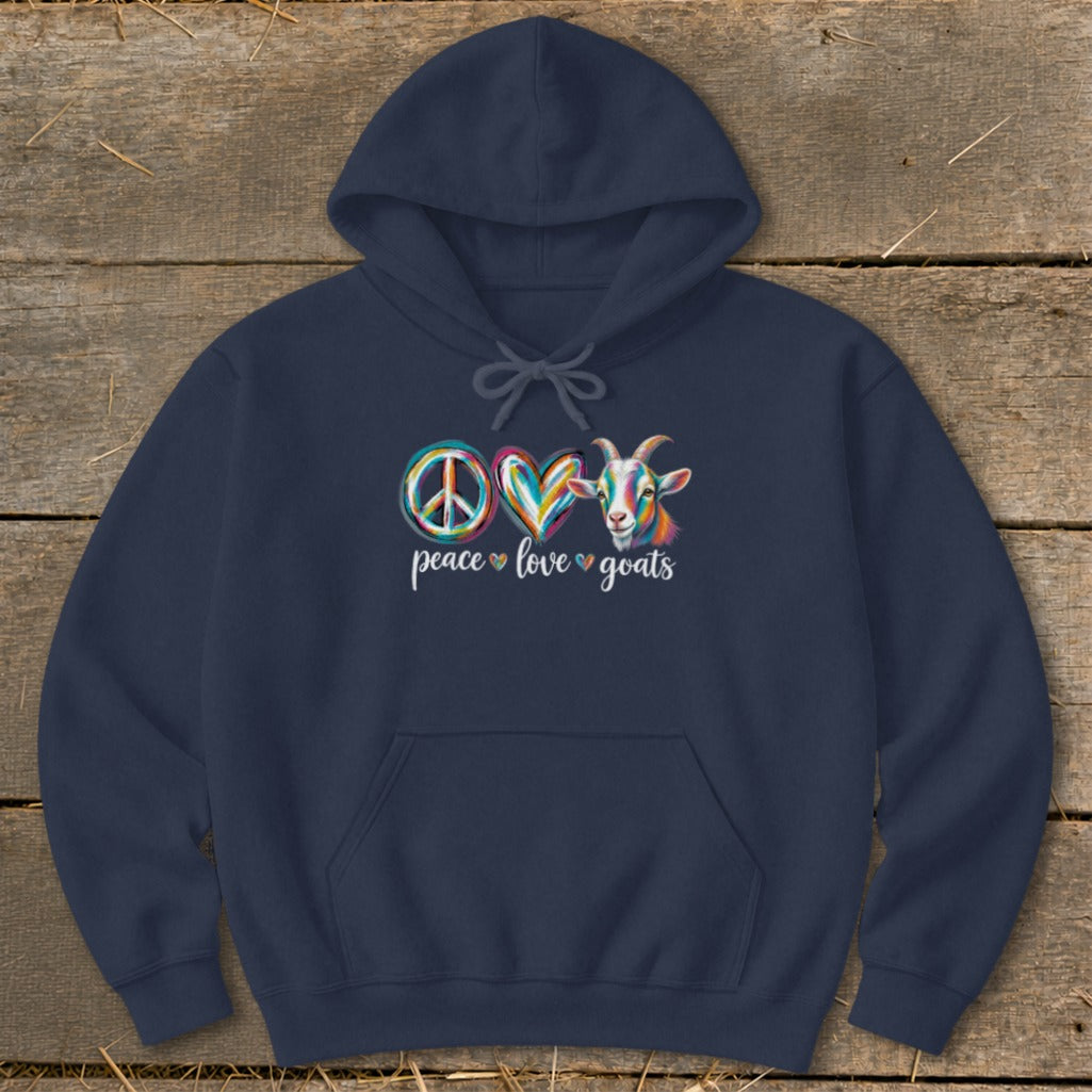 Navy hoodie with "peace love goats" text and colorful peace sign, heart, and goat design.