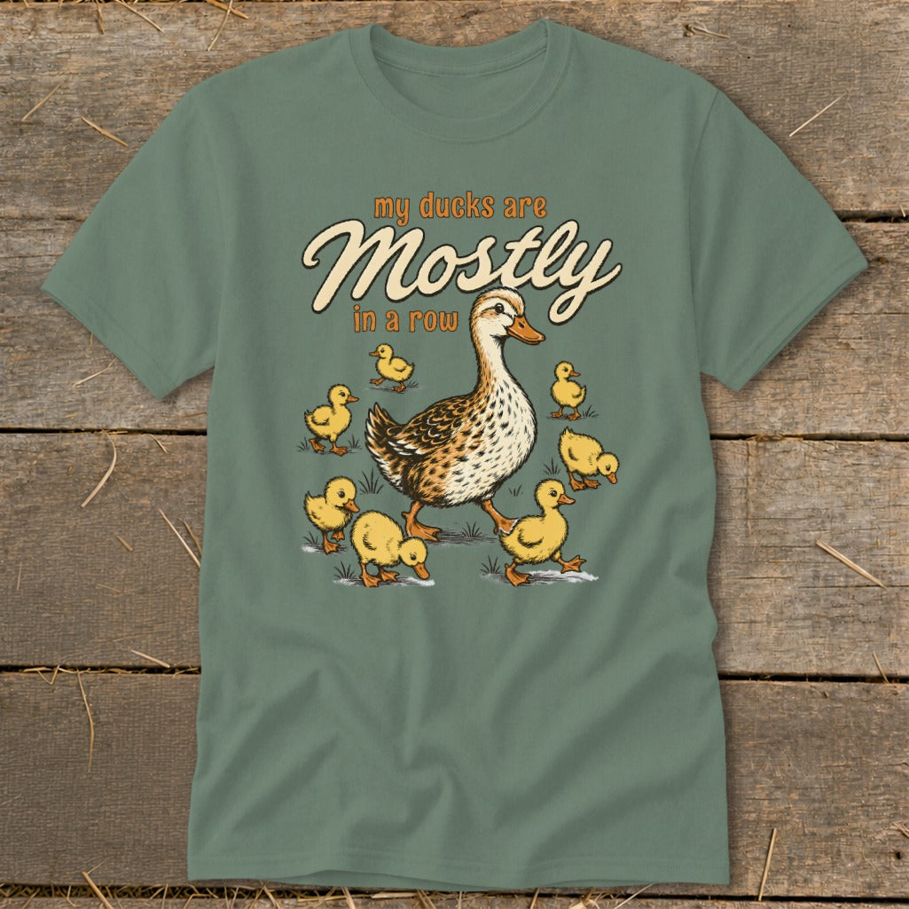 T-shirt graphic with a mother duck leading ducklings, text "my ducks are Mostly in a row".