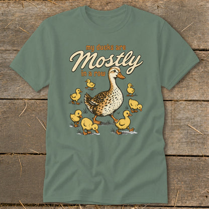 T-shirt graphic with a mother duck leading ducklings, text "my ducks are Mostly in a row".
