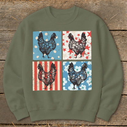 Four stylized chickens in patriotic patterns on a green sweatshirt.