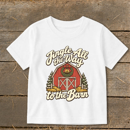 White t-shirt with "Jingle All the Way to the Barn" and a red barn graphic.