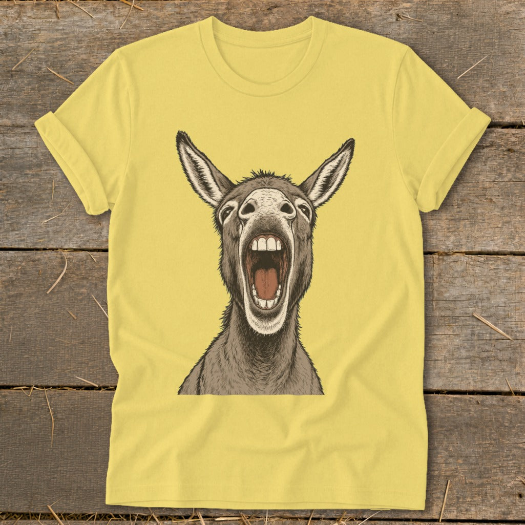 Yellow t-shirt with a detailed illustration of a donkey head with its mouth wide open.
