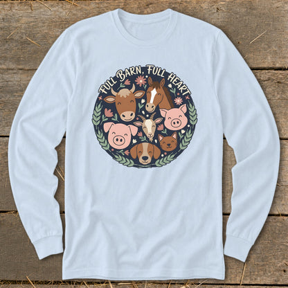 Long sleeve shirt with a circular design of farm animals and the text "FULL BARN, FULL HEART".