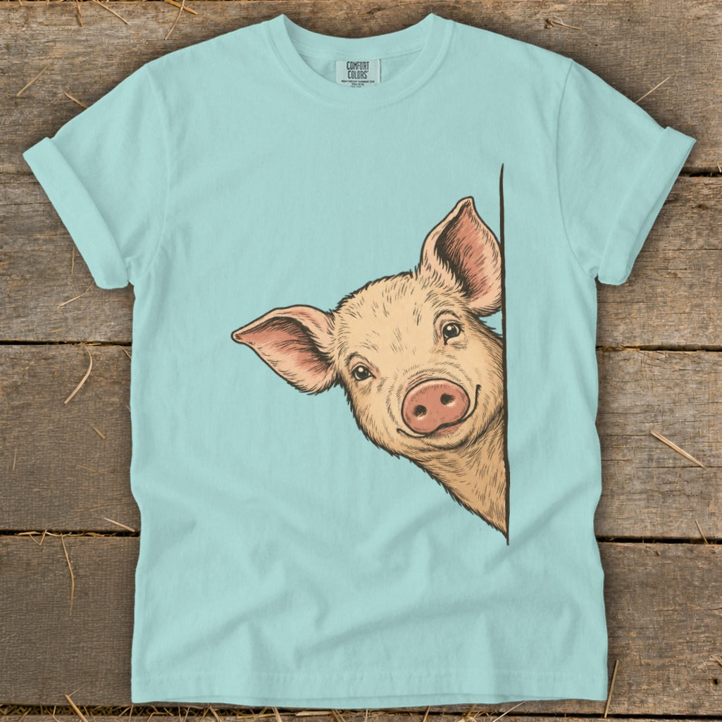 Light blue t-shirt with a peeking pig illustration.