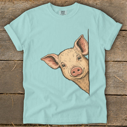 Light blue t-shirt with a peeking pig illustration.